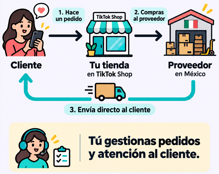 Cómo funciona el dropshipping: el cliente hace un pedido, la tienda compra al proveedor en México y el proveedor envía directamente al cliente. La tienda gestiona pedidos y atención al cliente.