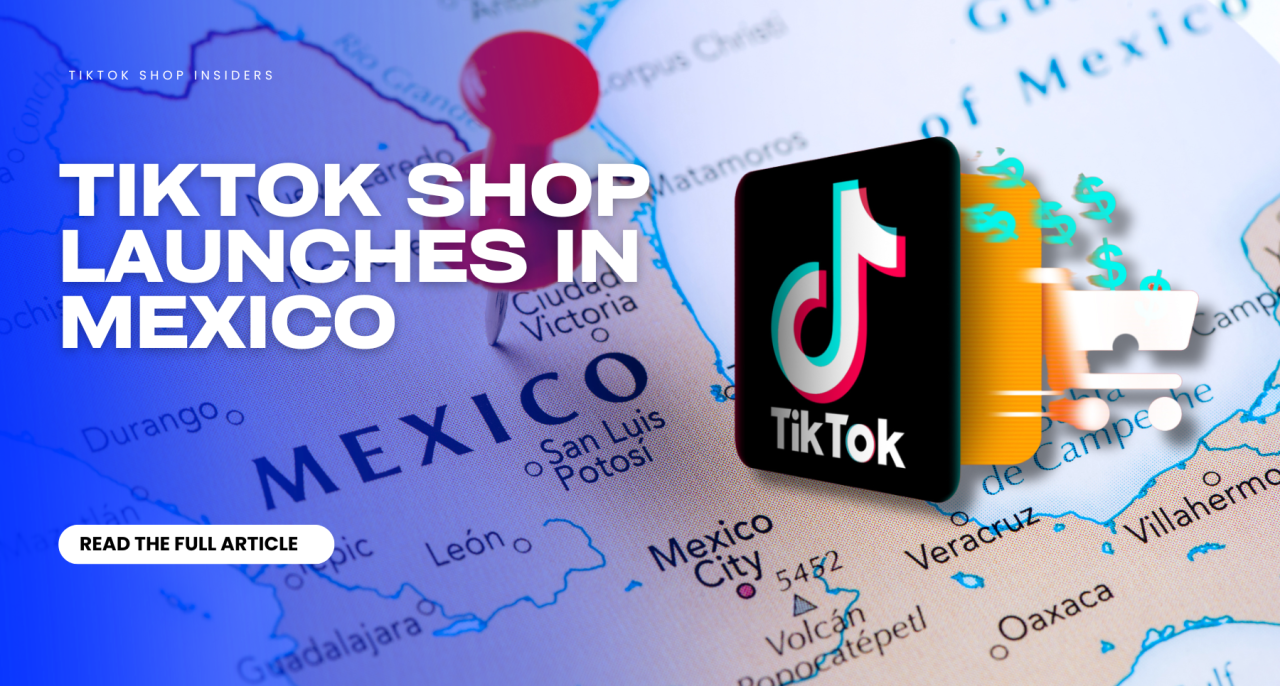 TikTok Shop en México: mapa de México, logotipo de TikTok y elementos de comercio electrónico.